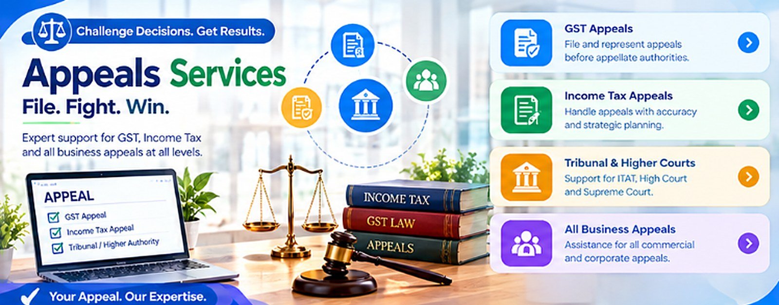 Appeals Services – File. Fight. Win. GST appeals, income tax appeals, tribunals, higher courts and all business appeals