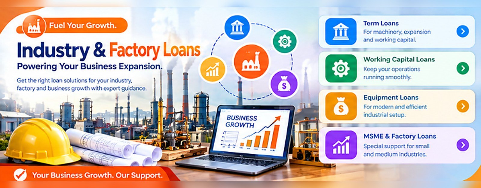 Industry & Factory Loans – term loans, working capital, equipment loans and MSME & factory loans
